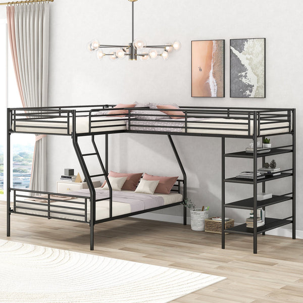 L-Shaped Twin over Full Bunk Bed and Twin Loft Bed with Built-in Shelves, Full-Length Guardrails, and Ladder, 117" L x 77.5" W x 63" H