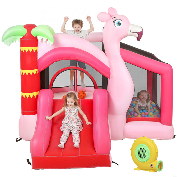 Qaba Inflatable Bounce House with Ball Pool, Basketball Hoop, Jumping Bouncy Castle with Blower for Indoor Outdoor