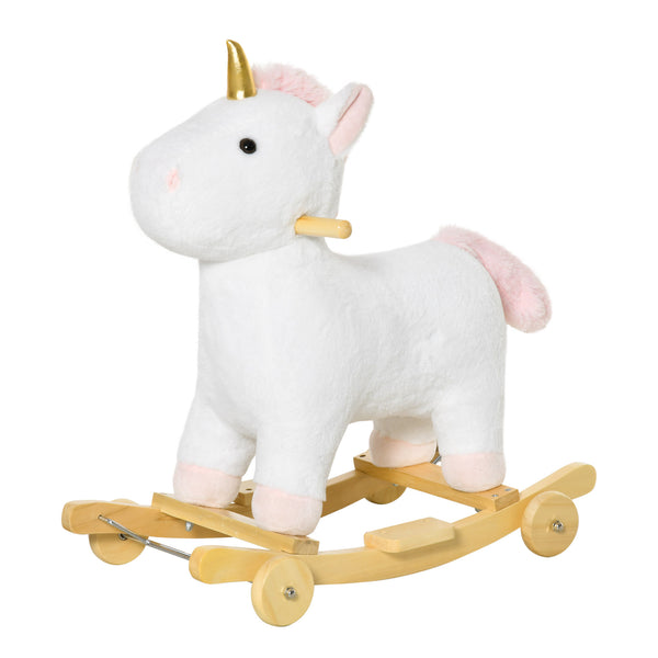 Qaba 2 in 1 Kids Rocking Horse, Rolling Unicorn with Sound, Wooden Base, Pedal, Grip Handle, for 3-6 Years Old