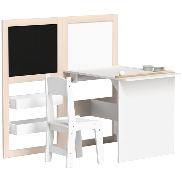 Qaba 3 in 1 Kids Table and Chair Set with Storage, Whiteboard, Blackboard & Roll Paper for 3-8 Years