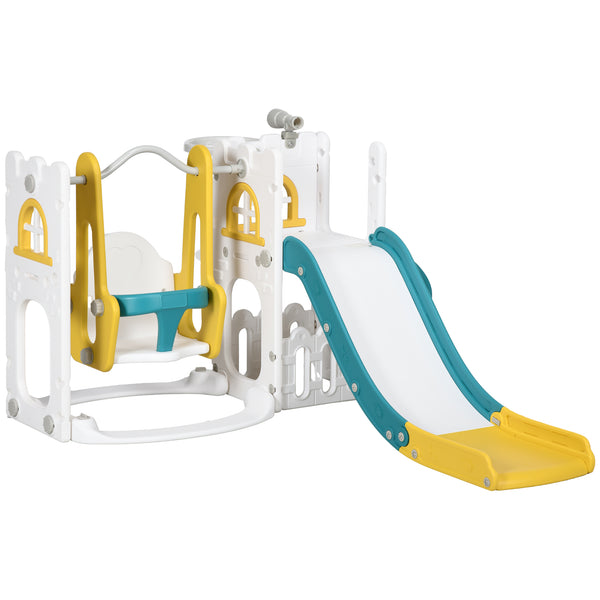 Qaba 6 in 1 Toddler Slide and Swing Set Indoor for Age 1-3 Years w/ Basketball Hoop, Climber, Storage Telescope