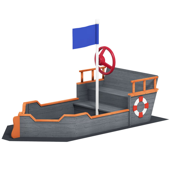 Outsunny Kids Wooden Sandbox Pirate Ship Sandboat w/ Bench Seat Storage Space Ceder Wood