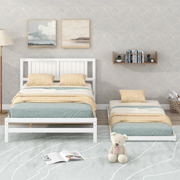 Full Size Platform Bed with Adjustable Trundle, Solid Pine Wood and MDF, 78" L x 97.5" W x 39.5" H