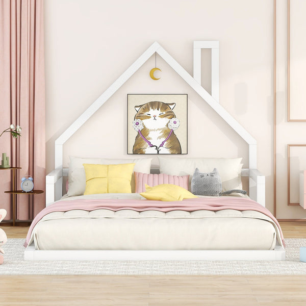 Full Size Wood Floor Bed with House-Shaped Headboard, Sturdy Pine Wood Construction, Easy Assembly, 78" L x 56.5" W x 46.5" H