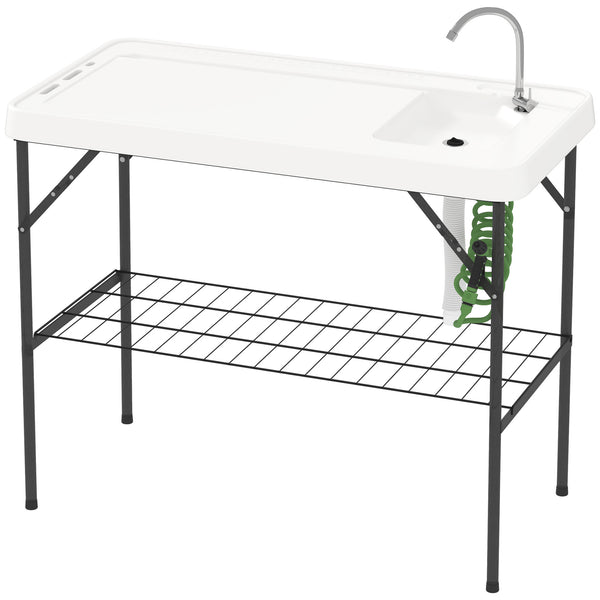 Outsunny Folding Fish Cleaning Table with Sink, Portable Camping Table with Faucet, Drainage Hose, Sprayer and Shelf