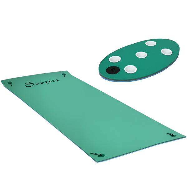 Soozier 12' x 5' Lily Pad Floating Mat with Cup Holder Table, 3-Layer Portable Roll-Up Water Mat Float Dock for 2-3 People, on Lake, River, Beach, Swimming Pool