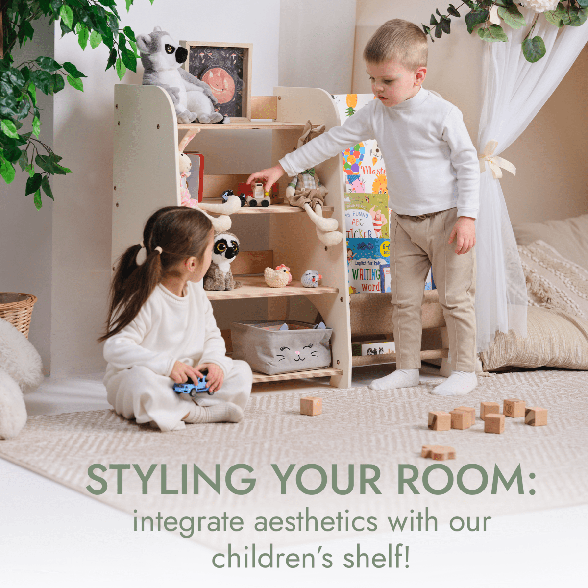 Wooden Montessori Shelves for Toddler 2in1: Bookshelf & Toy Shelving - SKU: 2in1Shelves-large-GR