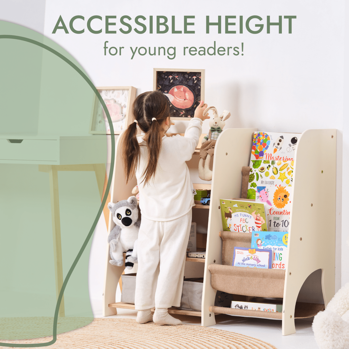Wooden Montessori Shelves for Toddler 2in1: Bookshelf & Toy Shelving - SKU: 2in1Shelves-large-GR