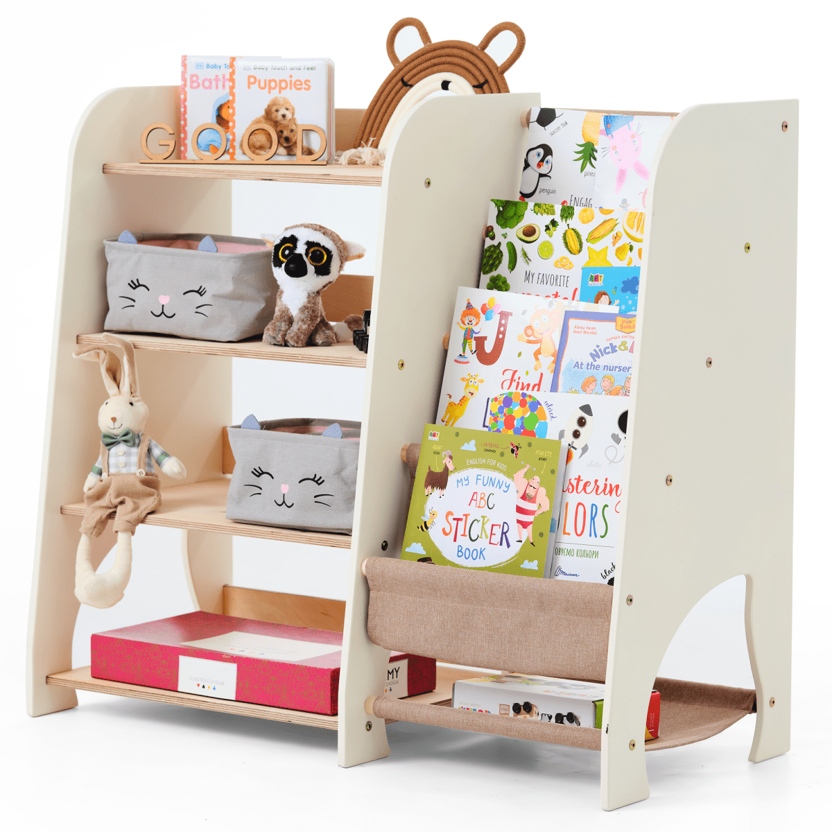 Wooden Montessori Shelves for Toddler 2in1: Bookshelf & Toy Shelving - SKU: 2in1Shelves-large-GR