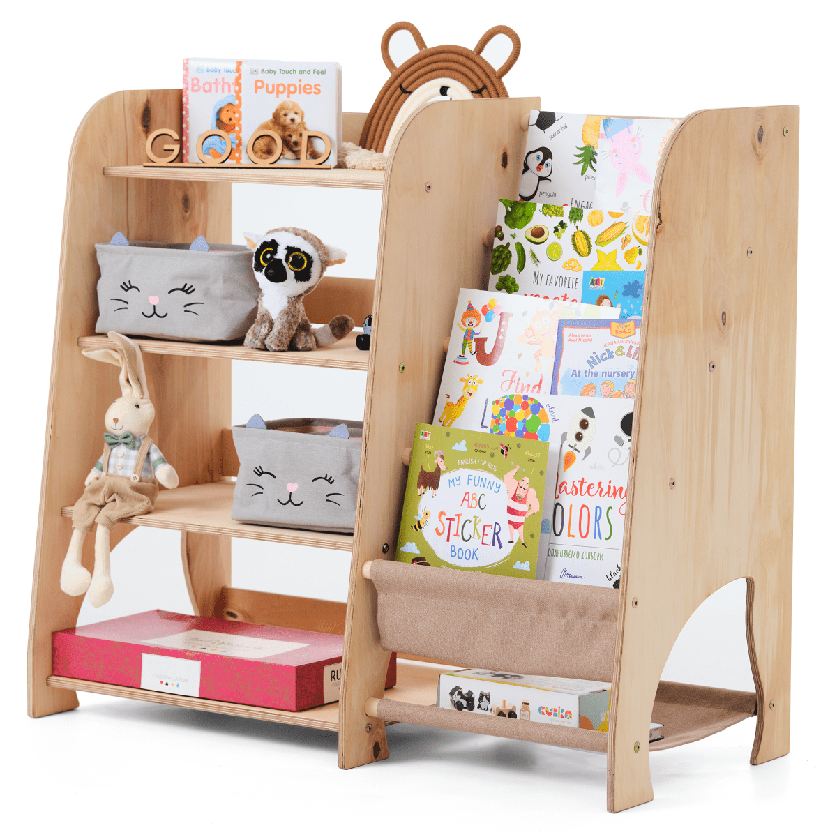 Wooden Montessori Shelves for Toddler 2in1: Bookshelf & Toy Shelving - SKU: 2in1Shelves-large-GR