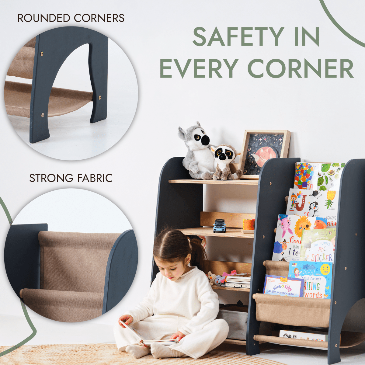 Wooden Montessori Shelves for Toddler 2in1: Bookshelf & Toy Shelving - SKU: 2in1Shelves-large-GR