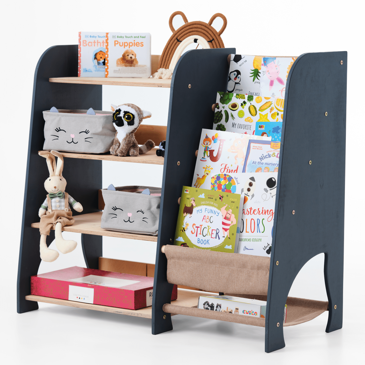 Wooden Montessori Shelves for Toddler 2in1: Bookshelf & Toy Shelving - SKU: 2in1Shelves-large-GR