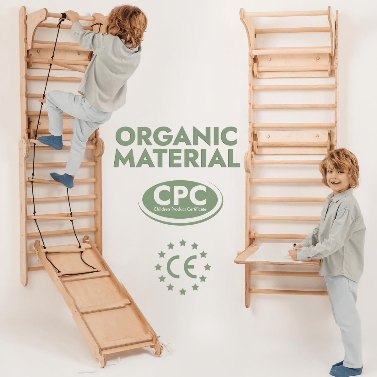 Wooden Swedish Wall 7in1/ Climbing ladder for Children + Swing Set + Slide Board + Art Add-on - SKU: 5IN1-SWCSAB-CA