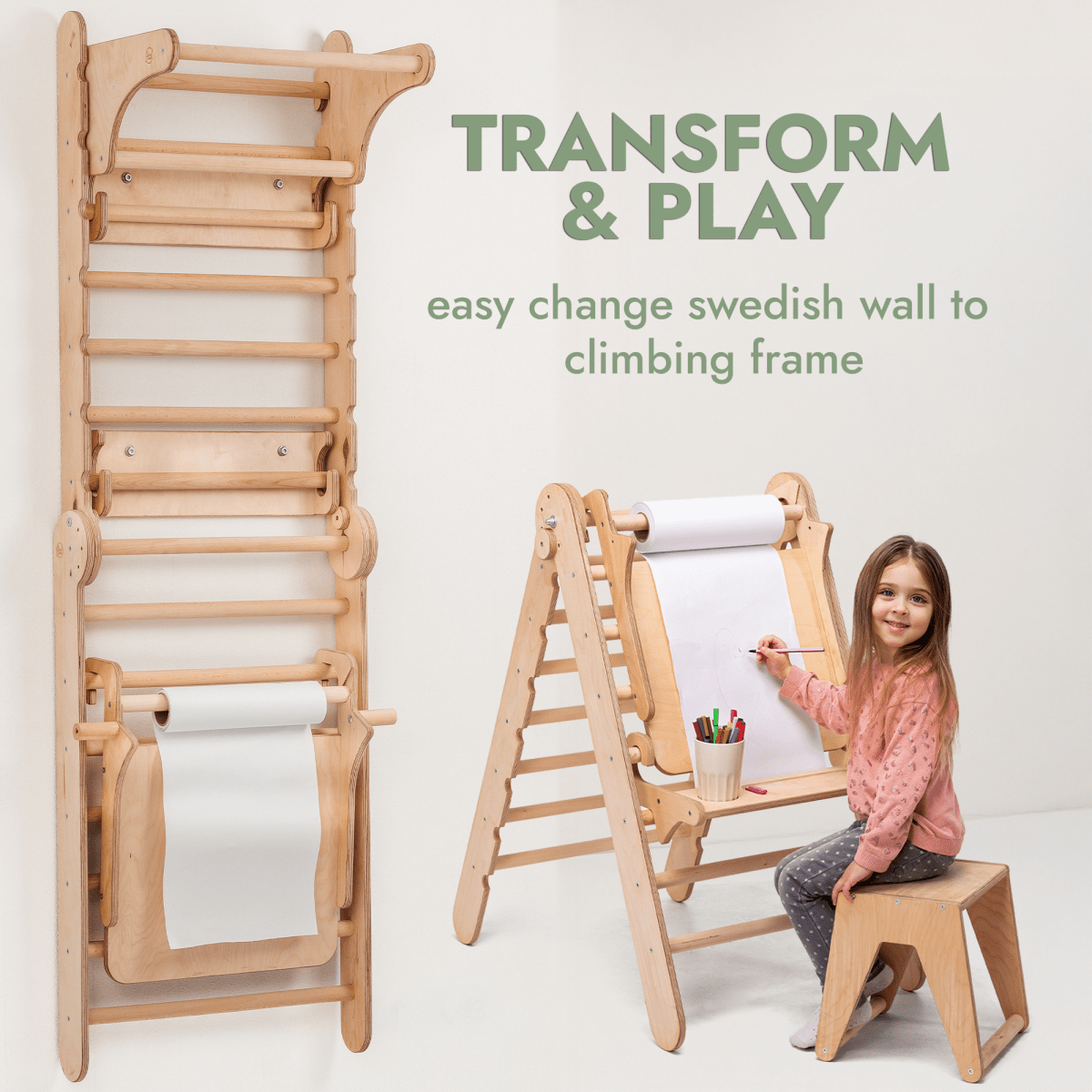 Wooden Swedish Wall 7in1/ Climbing ladder for Children + Swing Set + Slide Board + Art Add-on - SKU: 5IN1-SWCSAB-CA