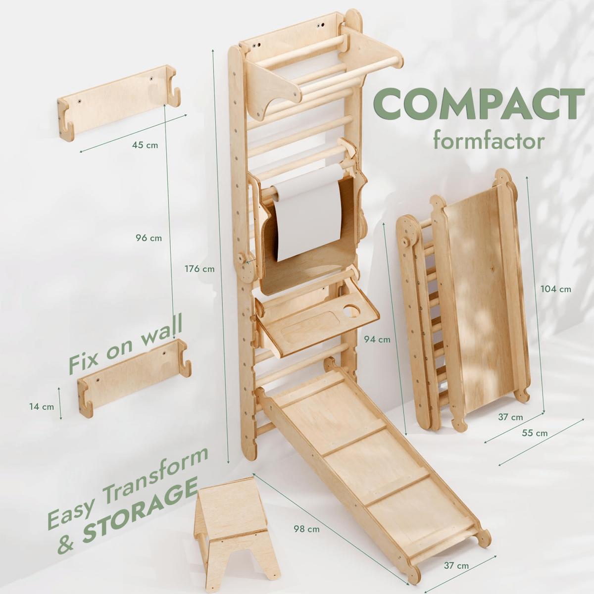 Wooden Swedish Wall 7in1/ Climbing ladder for Children + Swing Set + Slide Board + Art Add-on - SKU: 5IN1-SWCSAB-CA