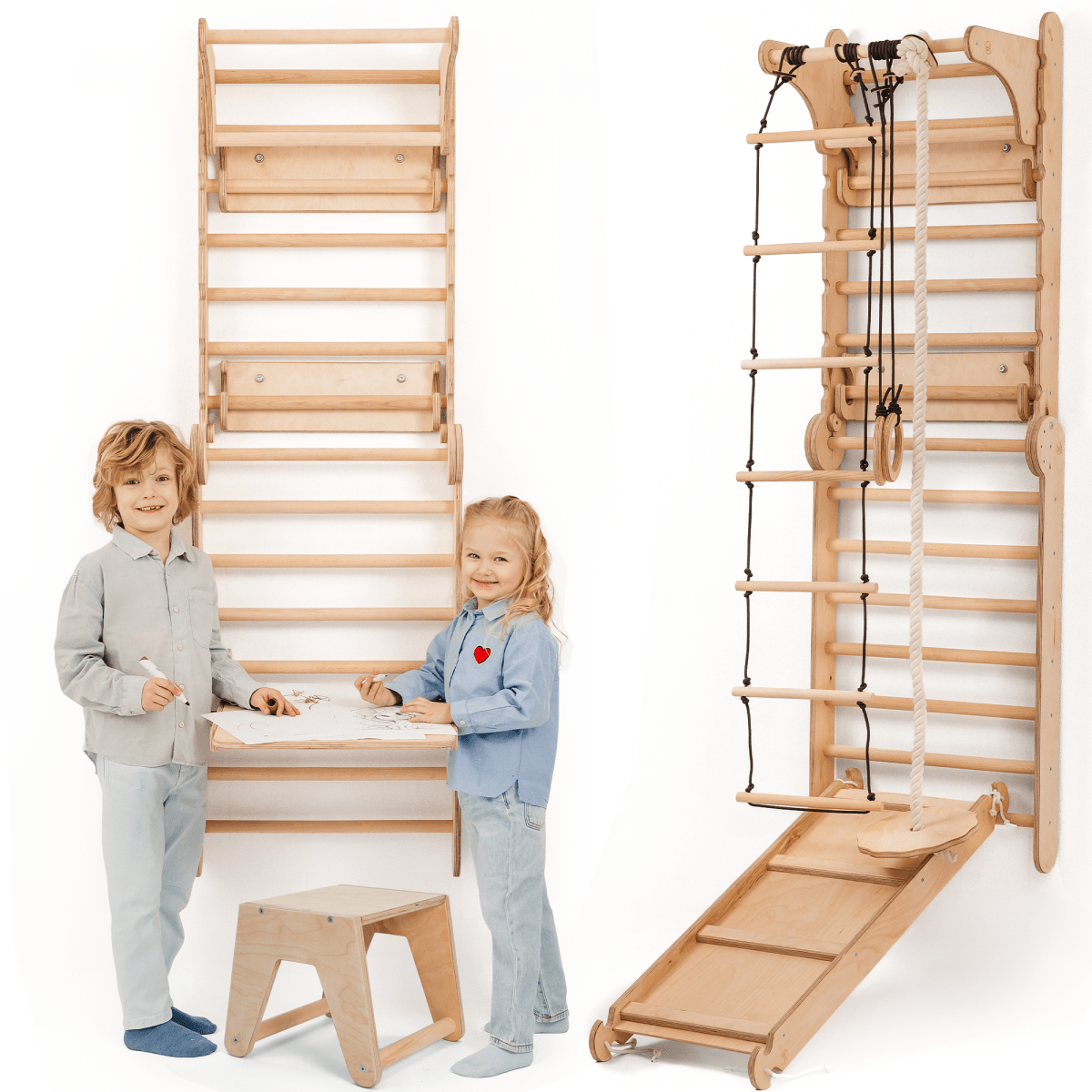 Wooden Swedish Wall 7in1/ Climbing ladder for Children + Swing Set + Slide Board + Art Add-on - SKU: 5IN1-SWCSAB-CA