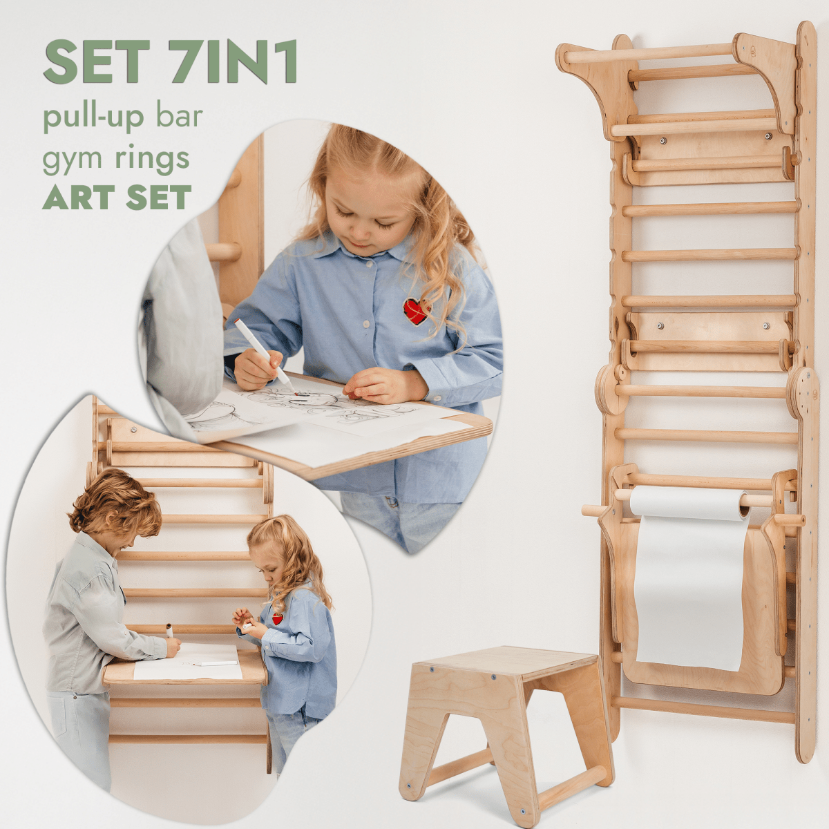 Wooden Swedish Wall 7in1/ Climbing ladder for Children + Swing Set + Slide Board + Art Add-on - SKU: 5IN1-SWCSAB-CA