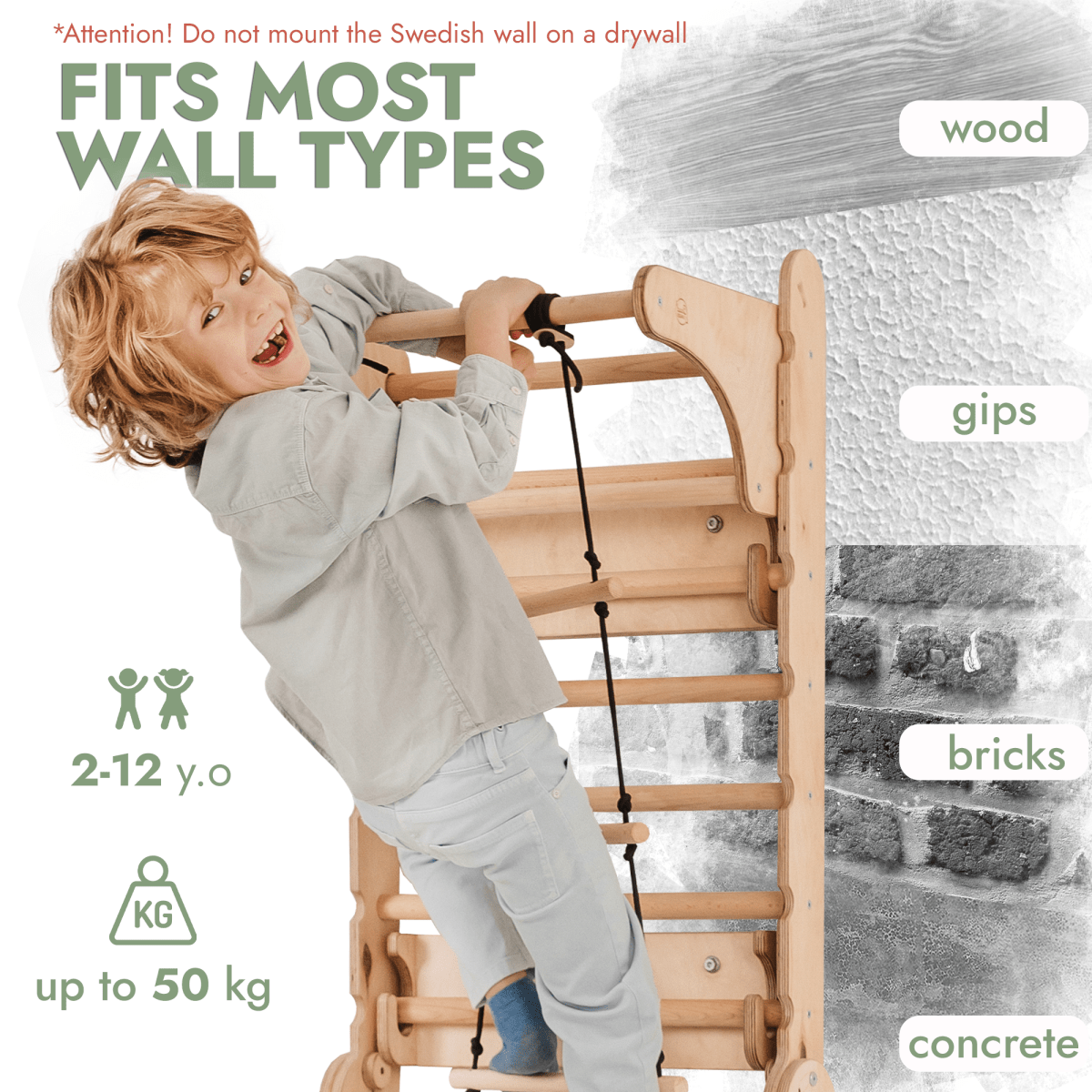 Wooden Swedish Wall 7in1/ Climbing ladder for Children + Swing Set + Slide Board + Art Add-on - SKU: 5IN1-SWCSAB-CA