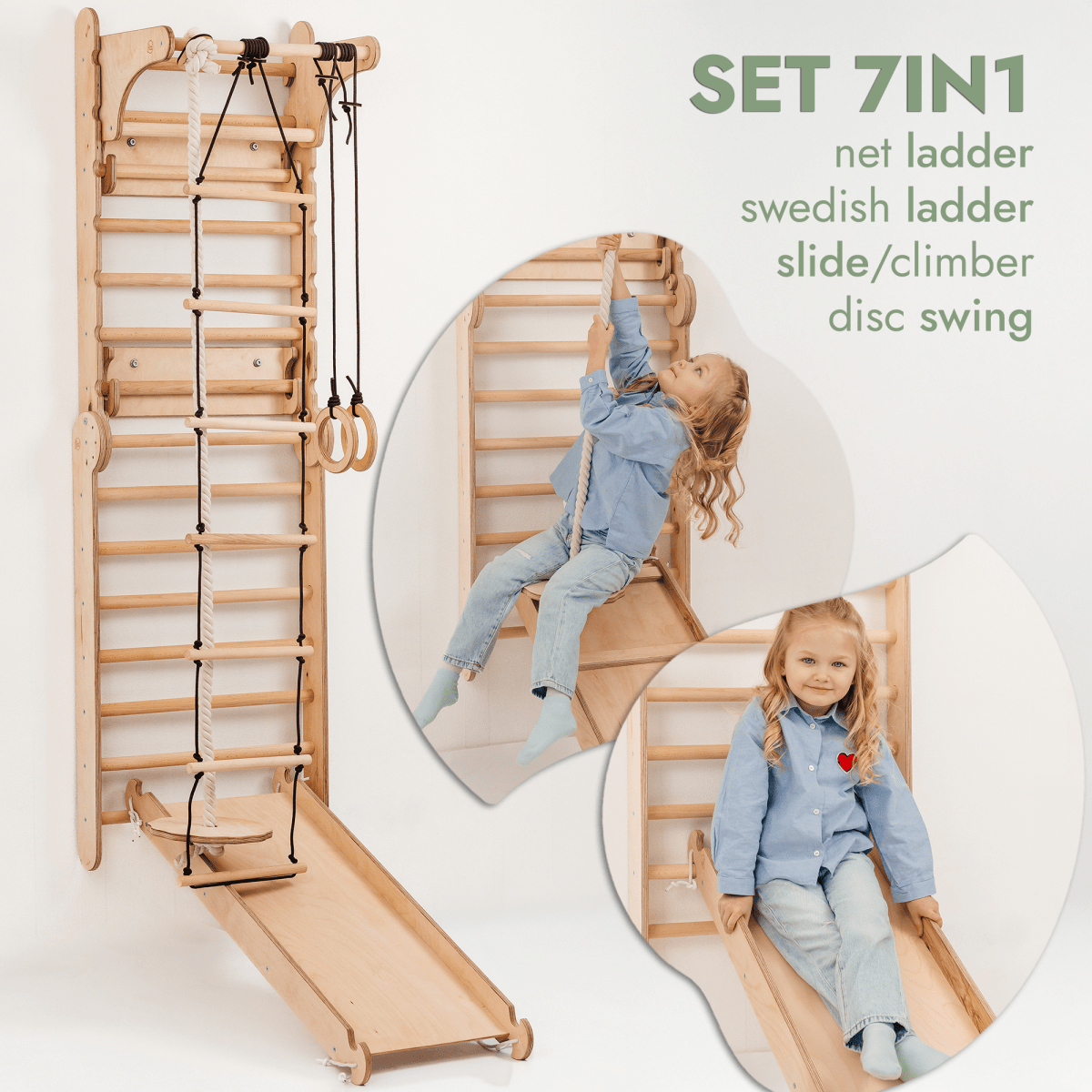 Wooden Swedish Wall 7in1/ Climbing ladder for Children + Swing Set + Slide Board + Art Add-on - SKU: 5IN1-SWCSAB-CA