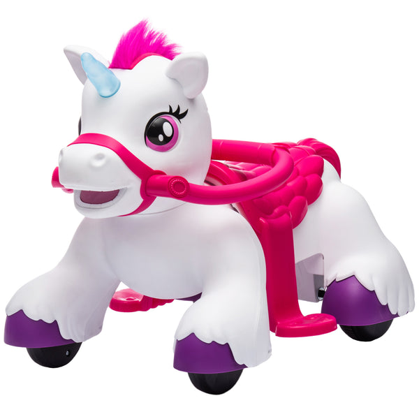 Qaba 12V Unicorn Ride on Horse with Carrot Toy, Comb, Animal Sounds, for Girls Boys Aged 1.5-3 Years Old