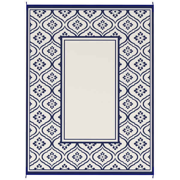 Outsunny Reversible Outdoor Rug, Waterproof Plastic Straw with Carry Bag, 9' x 12', Blue & White Gourd Border