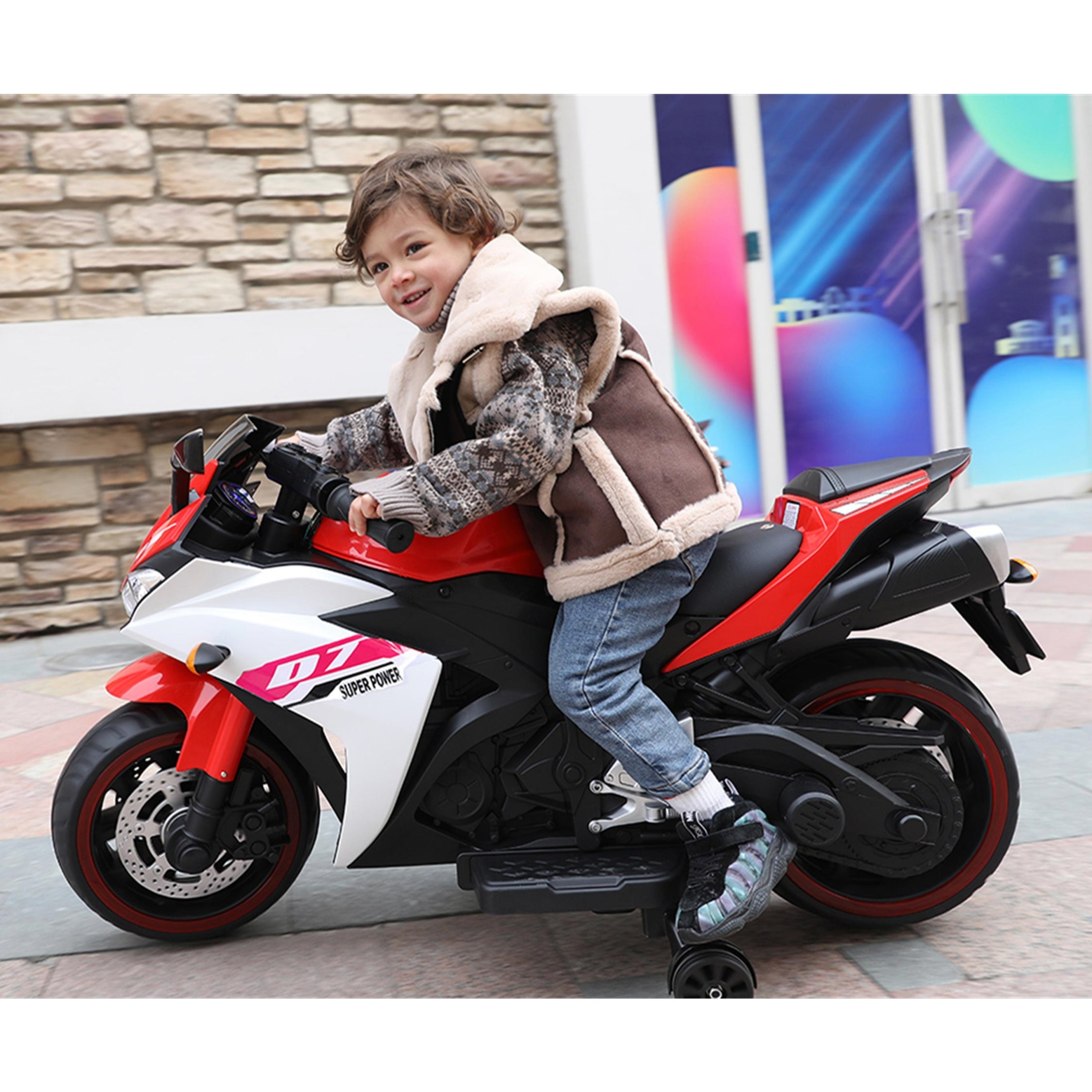 12V Kids Electric Ride-On Motorcycle with Training Wheels and Headlight, Motorbike with MP3 and Light-Up Wheels, 46" L x 20" W x 26" H - Red