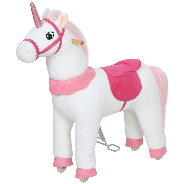 Qaba Ride on Unicorn Toy for Kids 4-7 Years, 37.8 Inch Plush Baby Rocking Horse with Wheels, No Battery Required