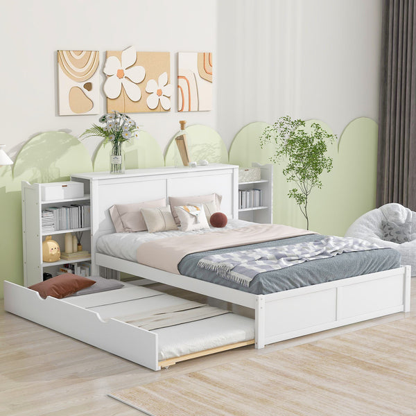 Vinsetto Queen Size Storage Platform Bed with Pull Out Shelves and Twin XL Trundle, Solid Wood and MDF, 111.5" L x 93.5" W x 39.5" H