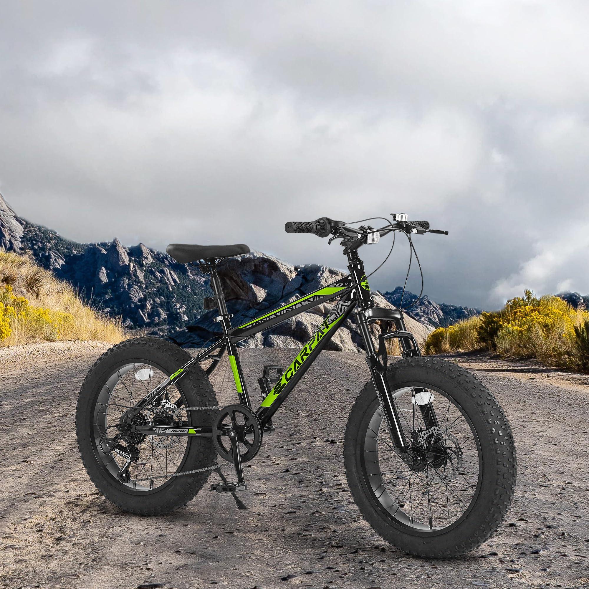 20" Kids' Fat Tire Mountain Bike with 7-Speed Drivetrain, and Shock-Absorbing Front Fork, for Ages 8-12, 63" L x 24.5" W x 35" H, Blackish - SKU: F-ECA-W2563P156282