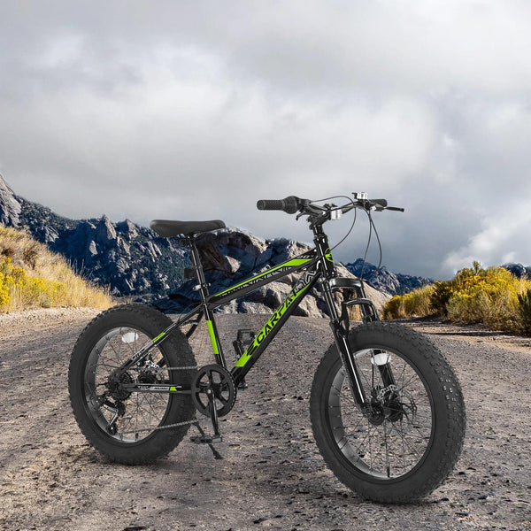 20" Kids' Fat Tire Mountain Bike with 7-Speed Drivetrain, and Shock-Absorbing Front Fork, for Ages 8-12, 63" L x 24.5" W x 35" H, Blackish
