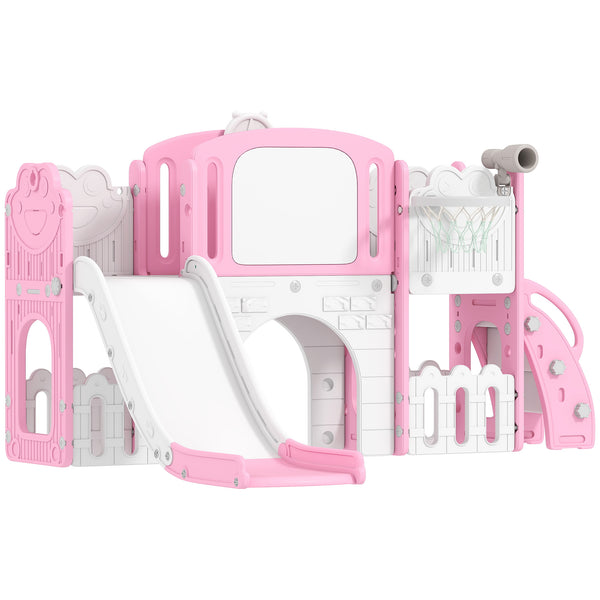 Qaba 7 in 1 Kids Slide with Climber, Basketball Hoop, Telescope, Indoor Outdoor Playground, for Boys Girls Ages 1-3
