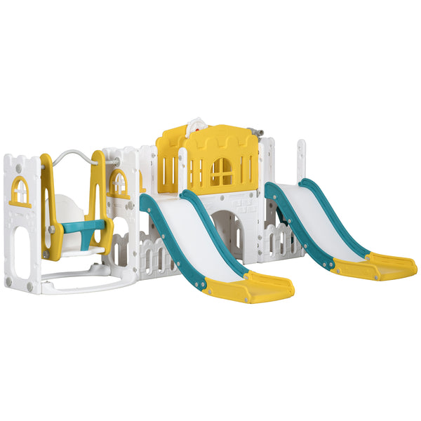 Qaba 8 in 1 Toddler Slide and Swing Set w/ 2 Slides, Basketball Hoop, Climber, Storage Space Telescope