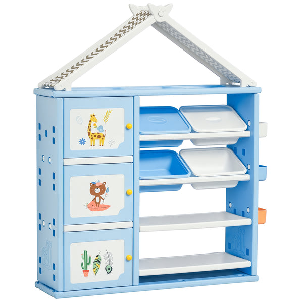 Qaba Kids Toy Storage Organizer with 4 Bins, Storage Cabinets, Bookshelf and 4-Layers Toy Collection Shelves